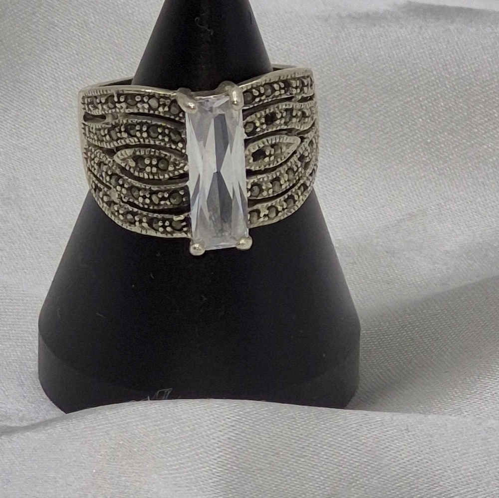 Elegant STATEMENT Sterling Silver Ring with Clear Stone & Marcasites!